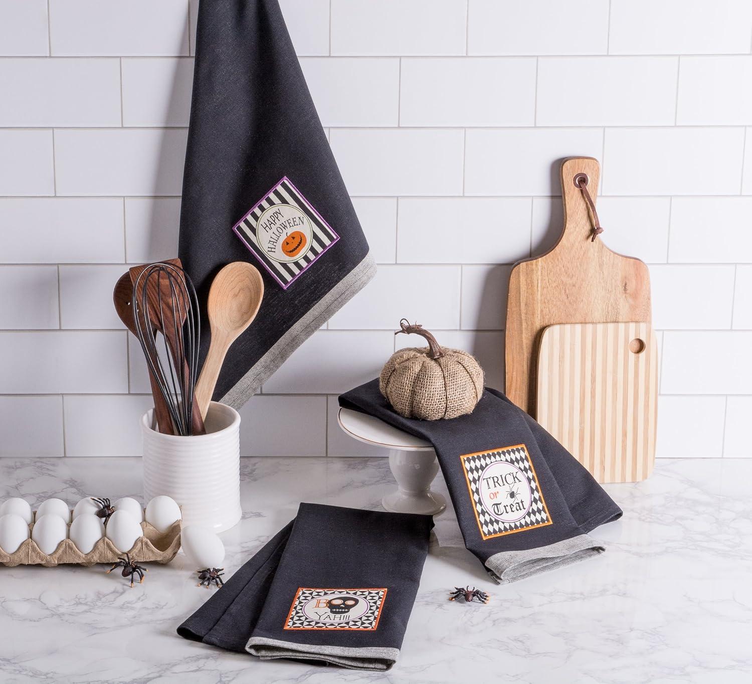 imageDII Happy Halloween Dishtowel Collection Embellished Cotton Kitchen Hand Towel Set 18x28 Home Sweet Haunted Home 3 CountBlack All Hallows Eve