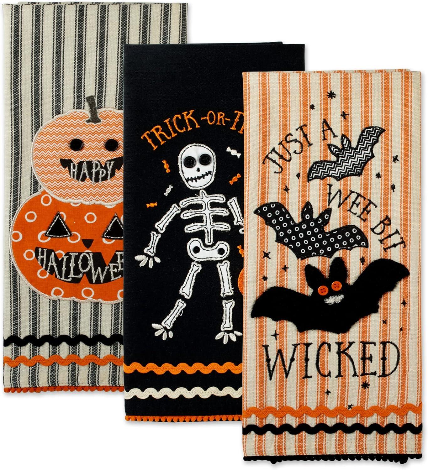 imageDII Happy Halloween Dishtowel Collection Embellished Cotton Kitchen Hand Towel Set 18x28 Home Sweet Haunted Home 3 CountTrick Or Treat Skeleton