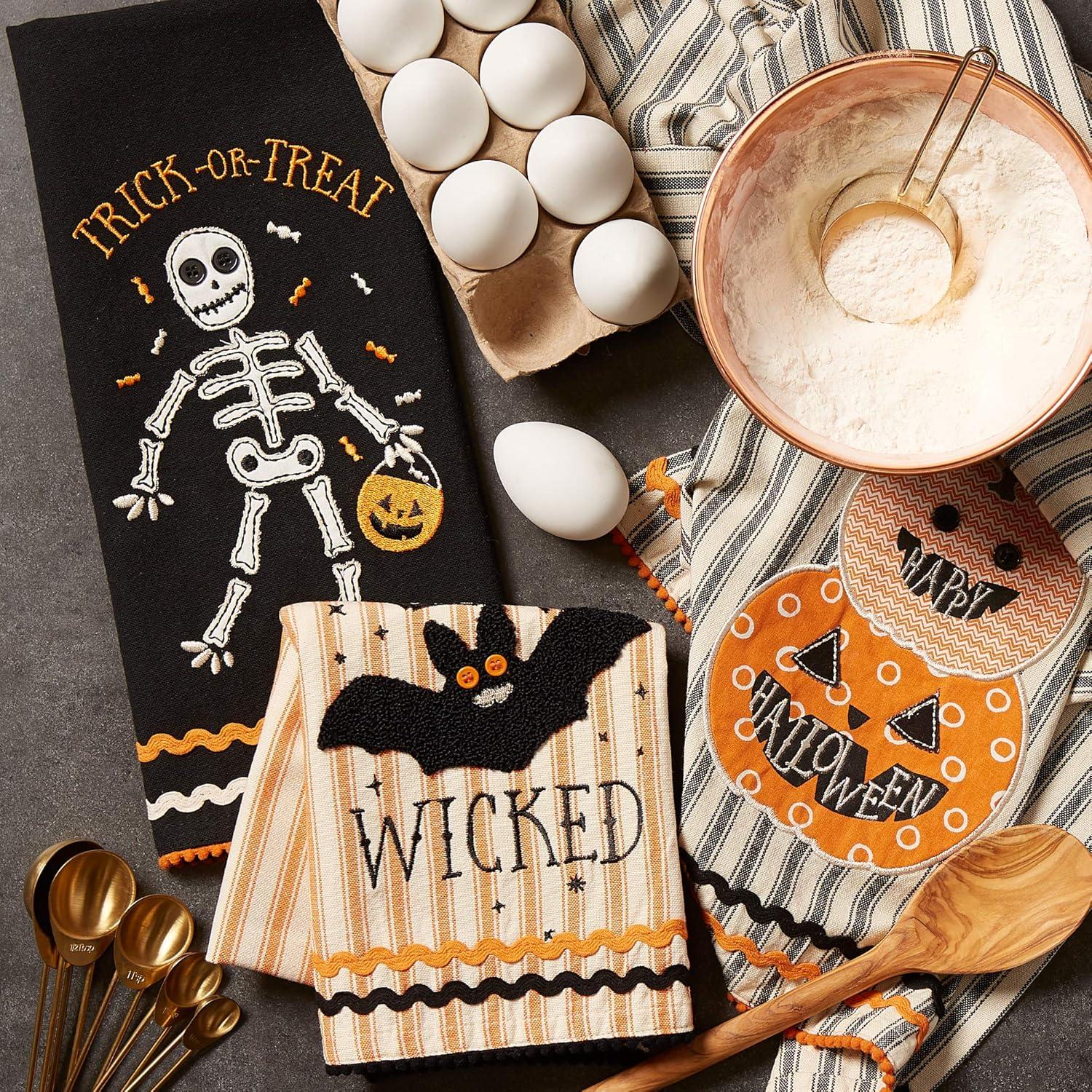 imageDII Happy Halloween Dishtowel Collection Embellished Cotton Kitchen Hand Towel Set 18x28 Home Sweet Haunted Home 3 CountTrick Or Treat Skeleton