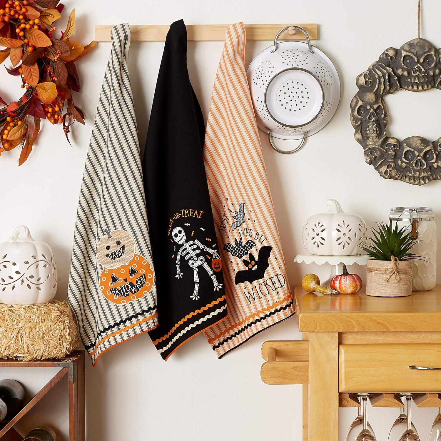 imageDII Happy Halloween Dishtowel Collection Embellished Cotton Kitchen Hand Towel Set 18x28 Home Sweet Haunted Home 3 CountTrick Or Treat Skeleton
