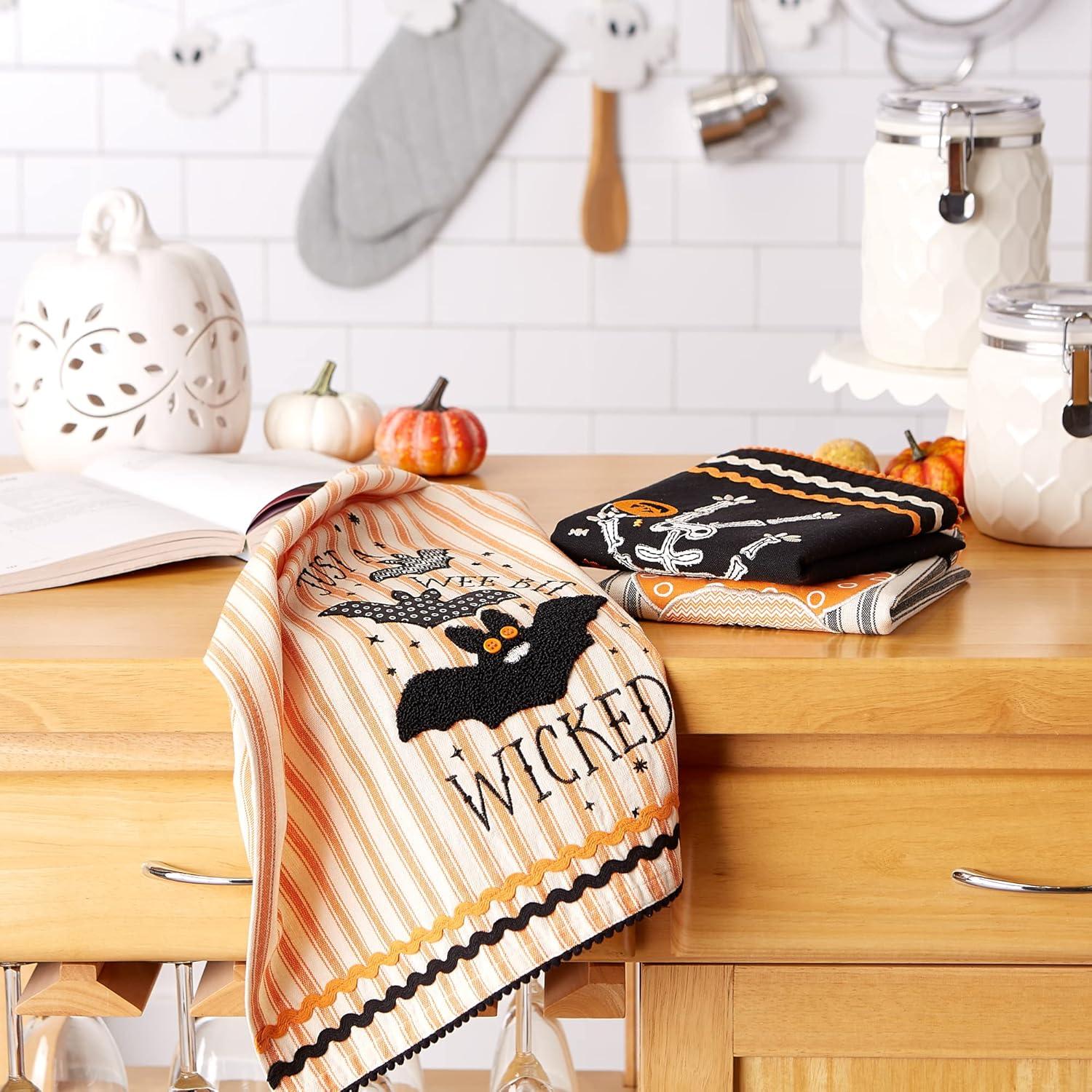 imageDII Happy Halloween Dishtowel Collection Embellished Cotton Kitchen Hand Towel Set 18x28 Home Sweet Haunted Home 3 CountTrick Or Treat Skeleton