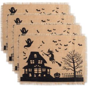 imageDII Halloween Primitive Style Burlap Tabletop Dcor Spooky Haunted House Jute Table Runner 14x74 Black ampamp TanPlacemat Set  13x19