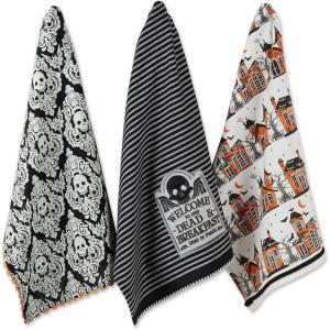imageDII Happy Halloween Dishtowel Collection Embellished Cotton Kitchen Hand Towel Set 18x28 Home Sweet Haunted Home 3 CountSkull DamaskHaunted House