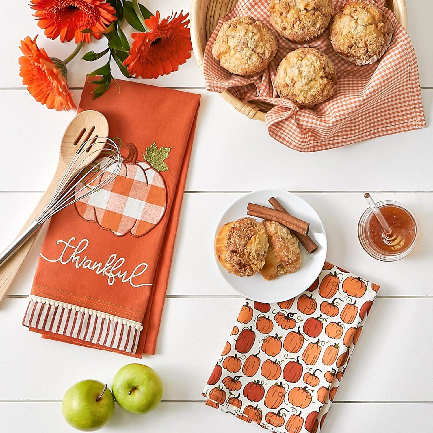 imageDII Pumpkin Spice Fall Kitchen Towels Collection Durable Cotton Cloth Decorative and Absorbent Dish Towel Set 18x28 Autumn 3 PieceThankful Check