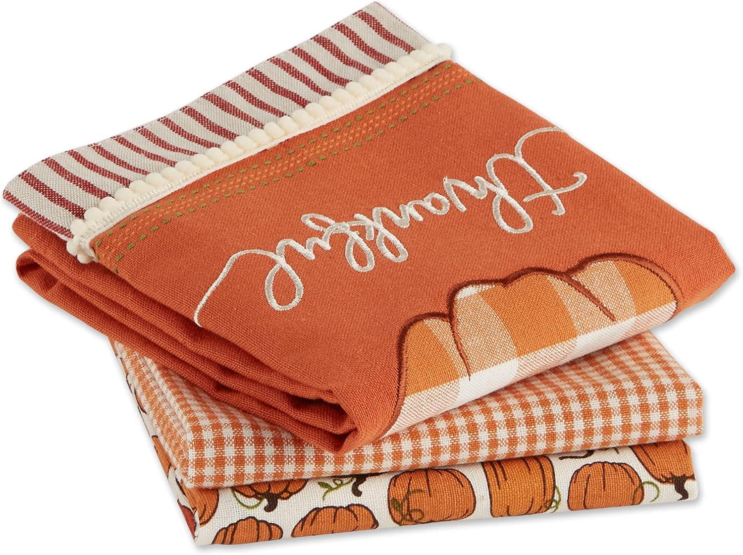 imageDII Pumpkin Spice Fall Kitchen Towels Collection Durable Cotton Cloth Decorative and Absorbent Dish Towel Set 18x28 Autumn 3 PieceThankful Check
