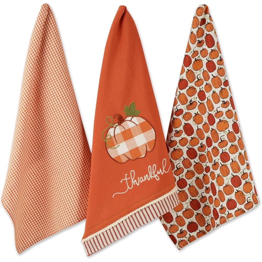 imageDII Pumpkin Spice Fall Kitchen Towels Collection Durable Cotton Cloth Decorative and Absorbent Dish Towel Set 18x28 Autumn 3 PieceThankful Check