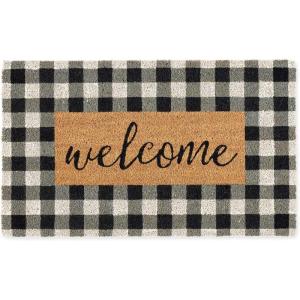 imageNatural Coir Front Door Mat Outdoor Collection Decorative Checkered Doormat with Heavy Duty PVC Backing 17x29 HelloBlackGreyBrown