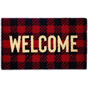 imageNatural Coir Front Door Mat Outdoor Collection Decorative Checkered Doormat with Heavy Duty PVC Backing 17x29 HelloBuffalo Check Welcome