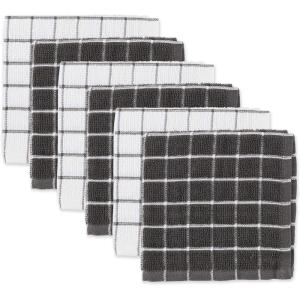 imageDII Basic Terry Collection Windowpane Dishcloth Set 12x12 Black 6 PieceMineral Gray