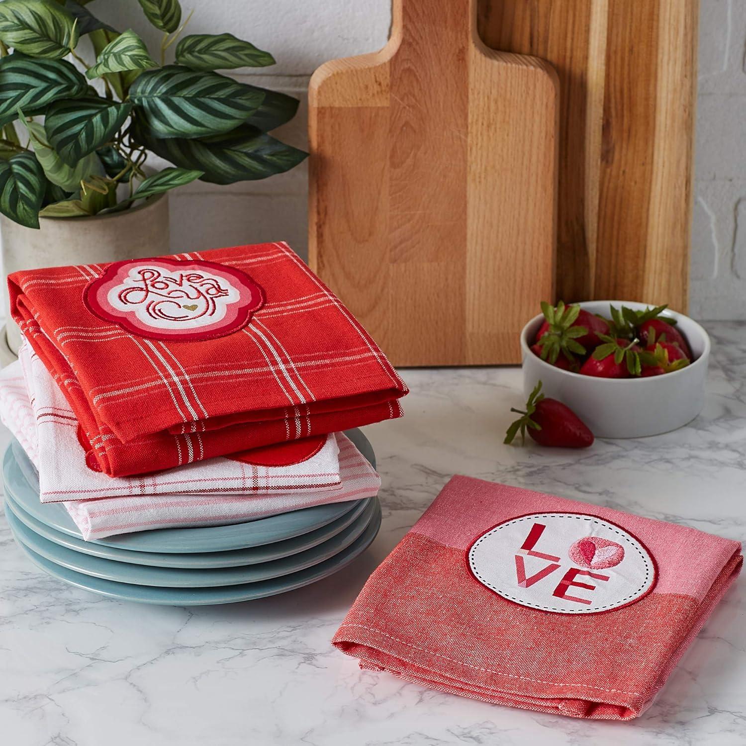 imageDII Valentines Day Collection Kitchen Dishtowel Set 18x28 Embellished Hearts 3 PieceLove Assorted