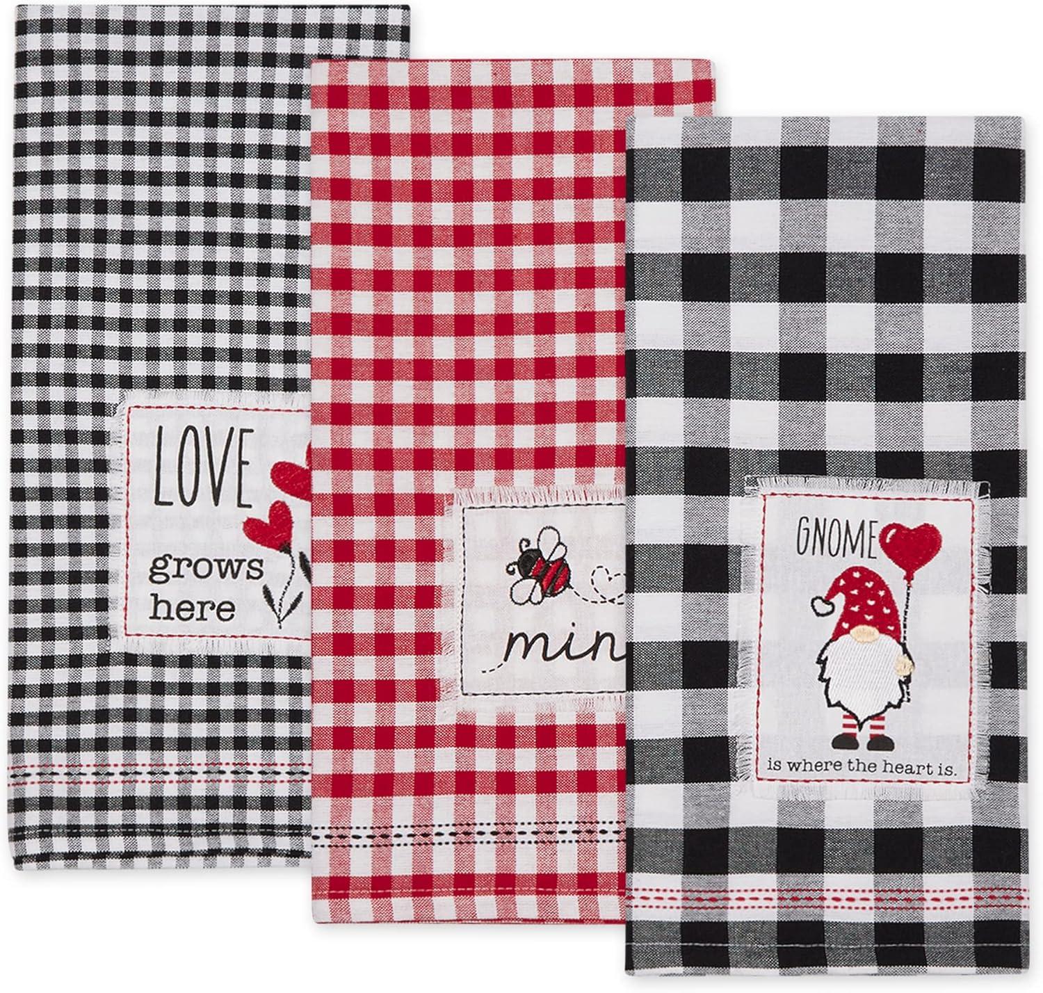 imageDII Valentines Day Collection Kitchen Dishtowel Set 18x28 Embellished Hearts 3 PieceLove Grows Here Gingham