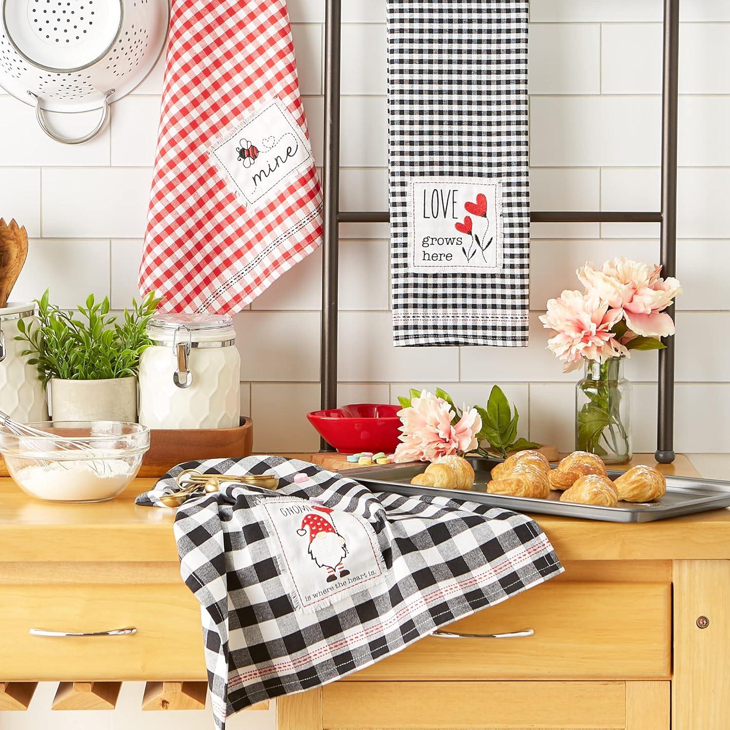 imageDII Valentines Day Collection Kitchen Dishtowel Set 18x28 Embellished Hearts 3 PieceLove Grows Here Gingham