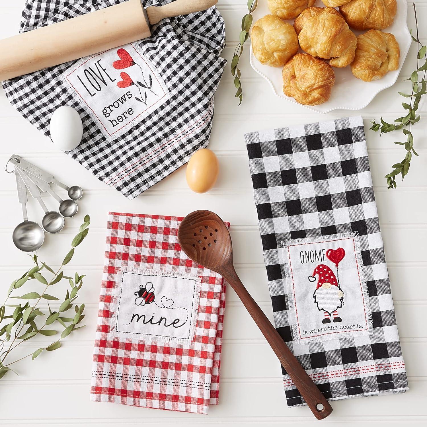 imageDII Valentines Day Collection Kitchen Dishtowel Set 18x28 Embellished Hearts 3 PieceLove Grows Here Gingham