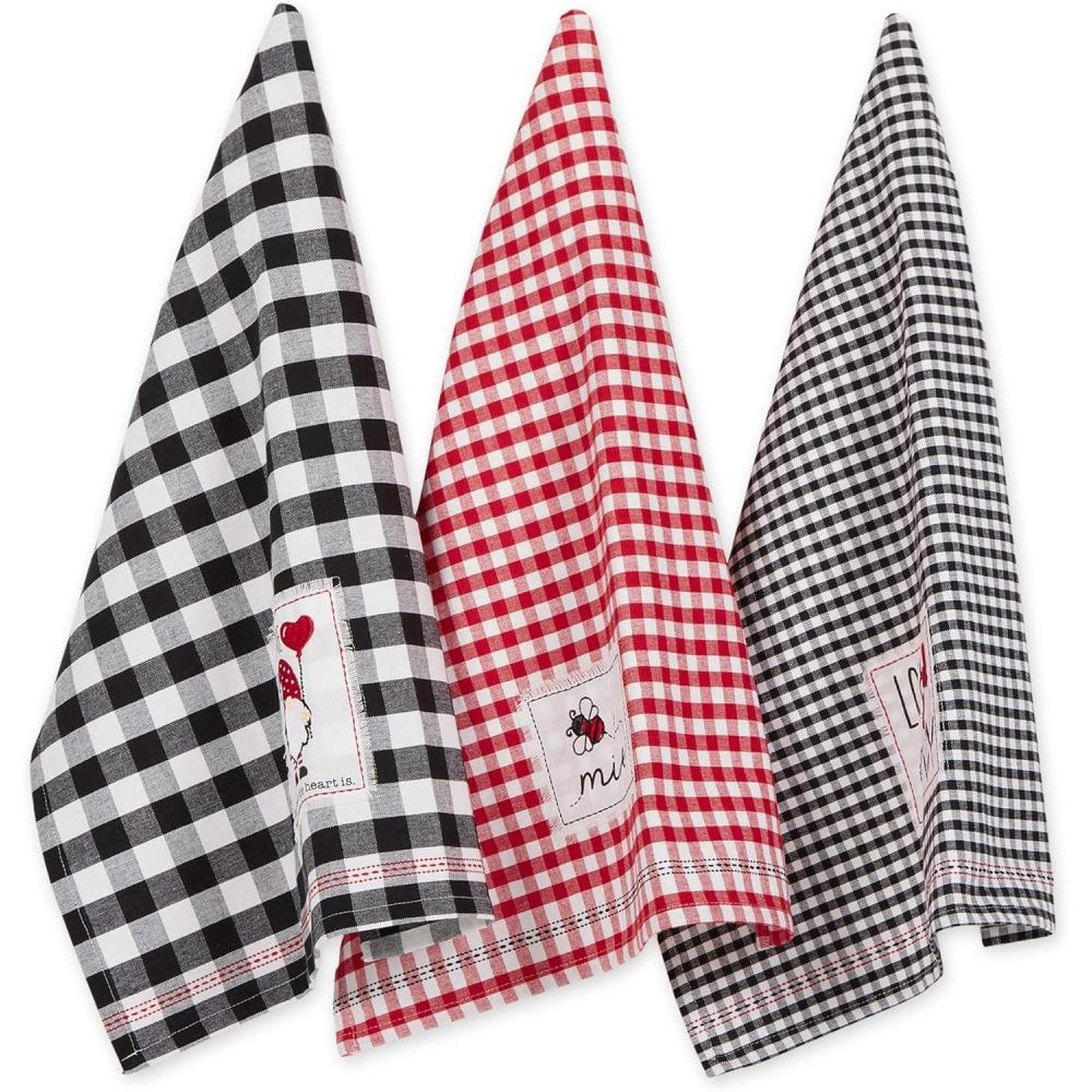 imageDII Valentines Day Collection Kitchen Dishtowel Set 18x28 Embellished Hearts 3 PieceLove Grows Here Gingham