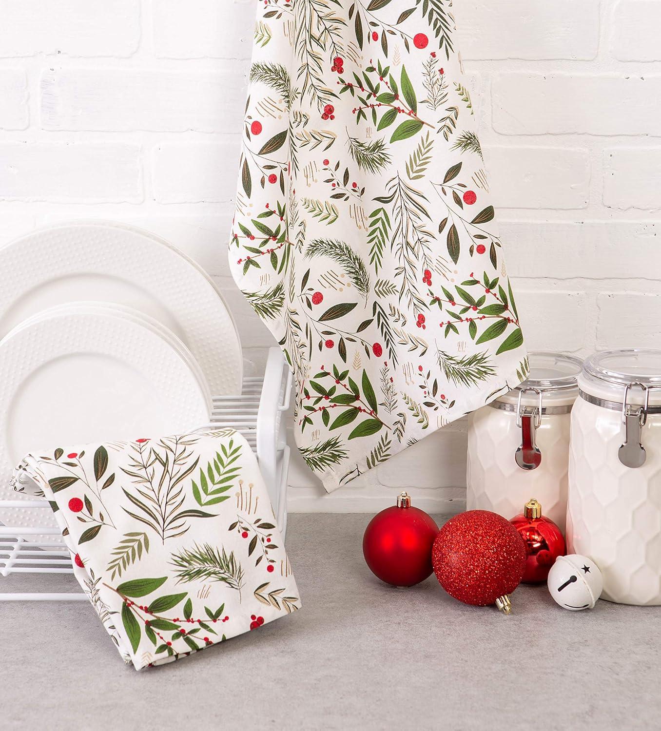 imageDII Christmas Kitchen Towel Set Floral Tea Towels for Baking Cleaning Entertainment ampamp Cooking 18x28 Woodland Holiday 2 PieceHoliday Sprigs