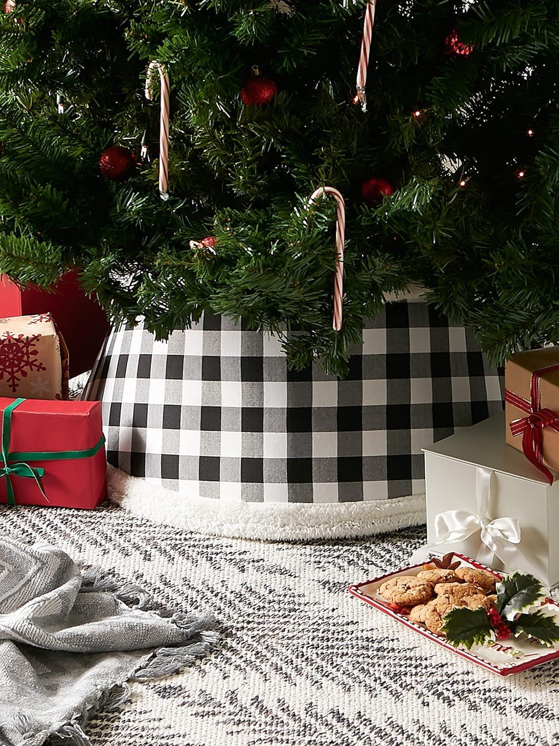 imageDII Christmas Tree Collar Decorative Cover for Metal Stand of Artificial or Live Holiday Xmas Tree 18quot Top Diameter 24quot Base Diameter 12quot Height Green White TrimFarmhouse Buffalo Check  Black  White