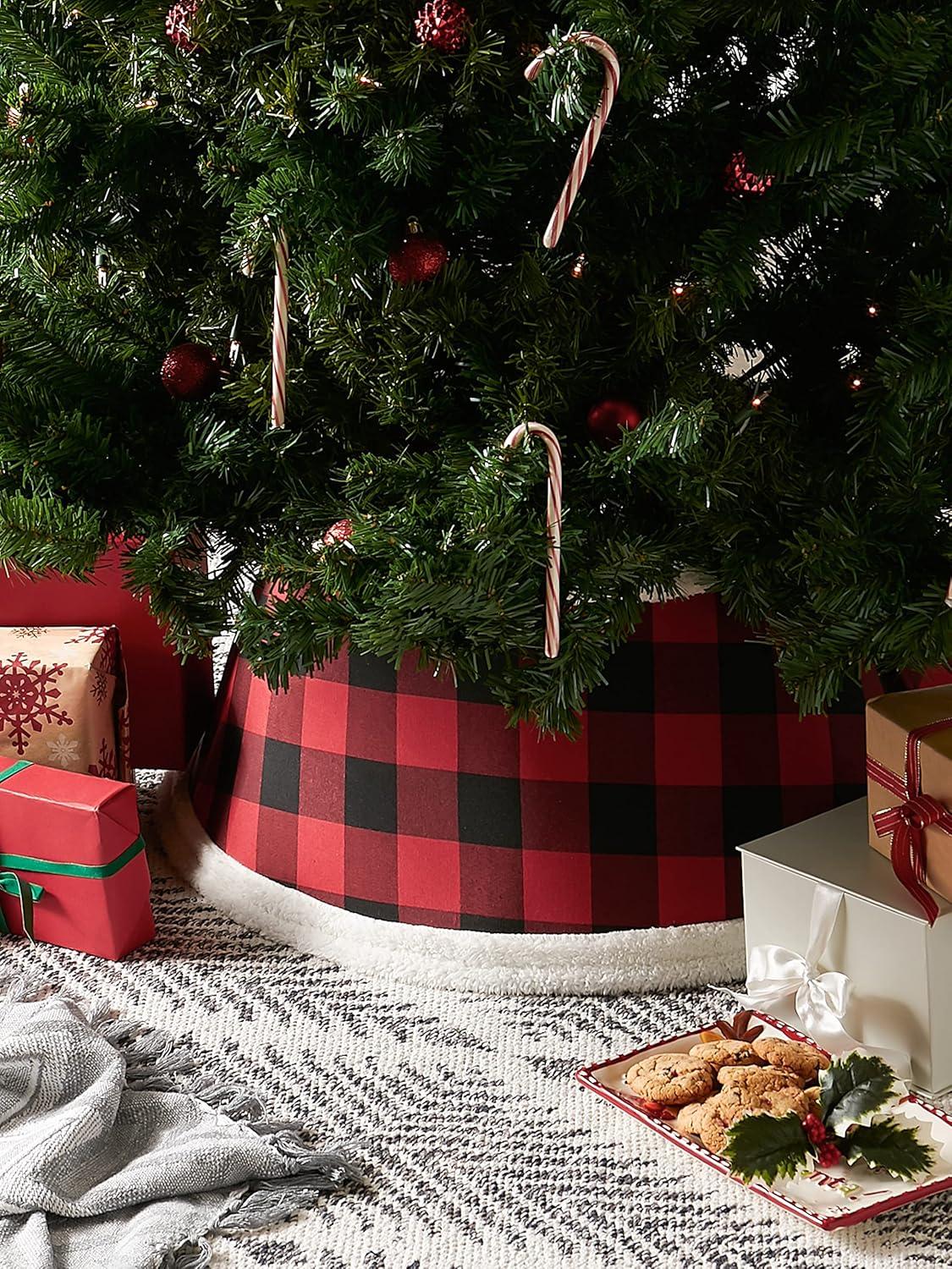 imageDII Christmas Tree Collar Decorative Cover for Metal Stand of Artificial or Live Holiday Xmas Tree 18quot Top Diameter 24quot Base Diameter 12quot Height Green White TrimFarmhouse Buffalo Check  Red  Black