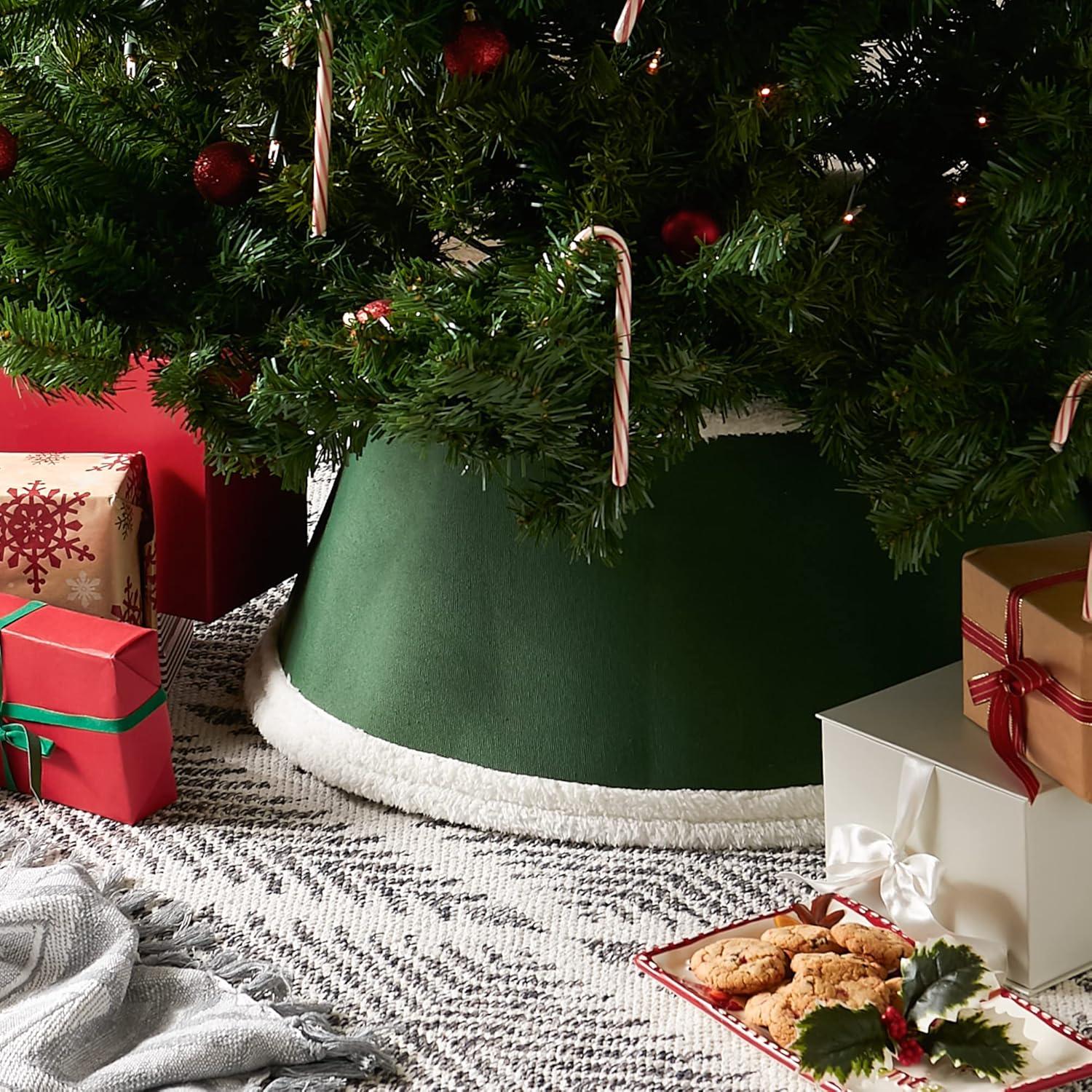 imageDII Christmas Tree Collar Decorative Cover for Metal Stand of Artificial or Live Holiday Xmas Tree 18quot Top Diameter 24quot Base Diameter 12quot Height Green White TrimGreen  White Trim