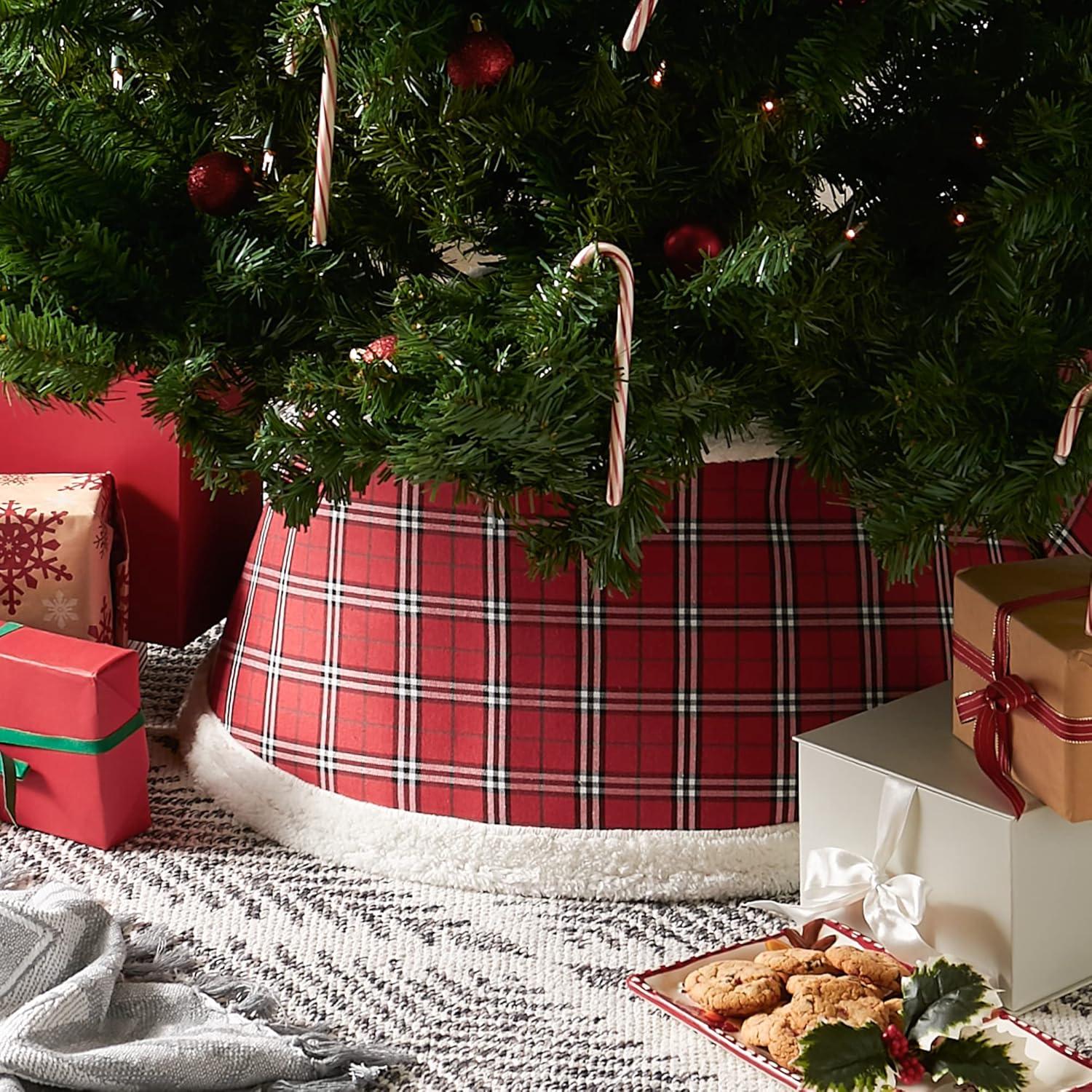 imageDII Christmas Tree Collar Decorative Cover for Metal Stand of Artificial or Live Holiday Xmas Tree 18quot Top Diameter 24quot Base Diameter 12quot Height Green White TrimRed Plaid
