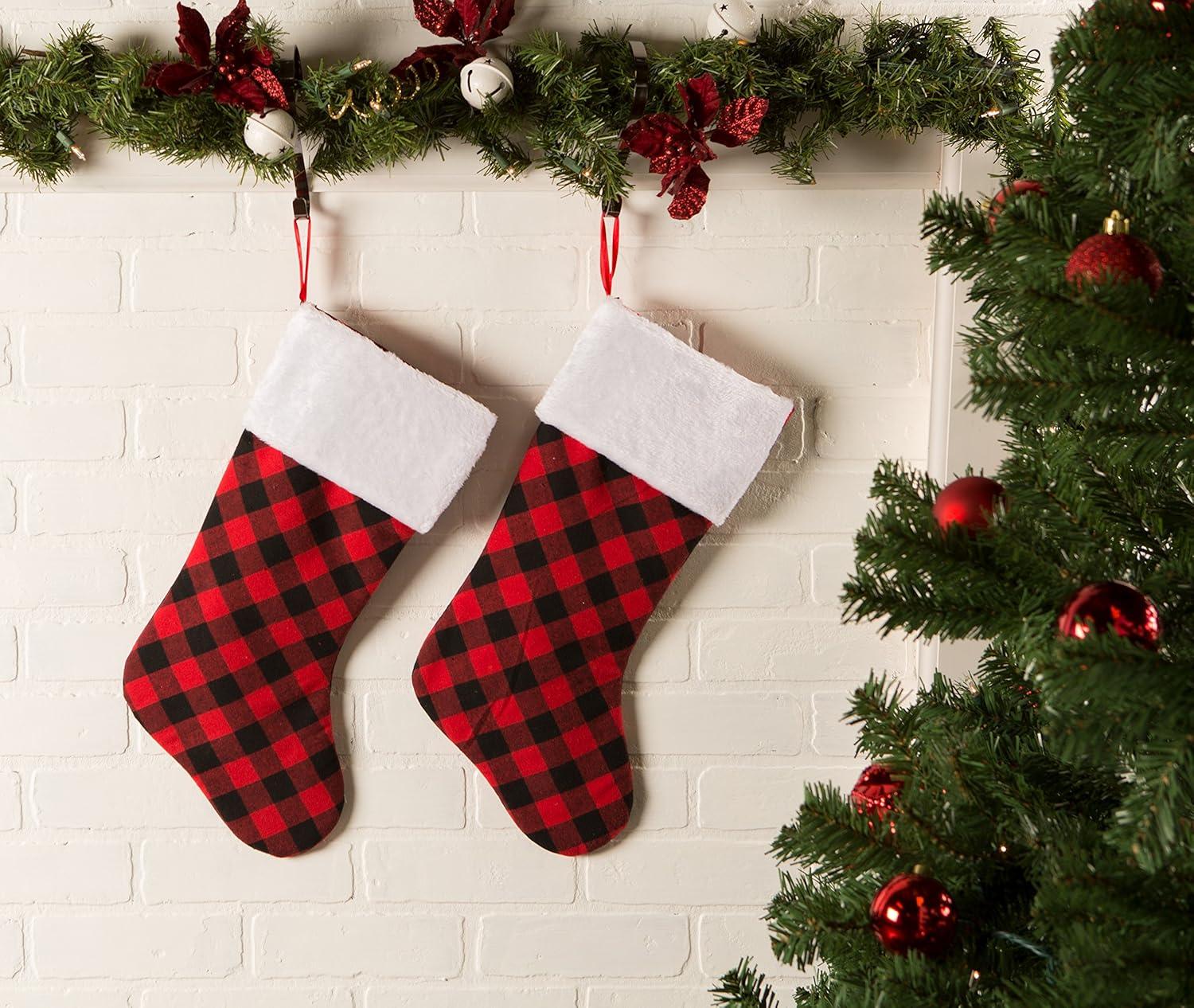 imageDII Decorative Christmas Family Stocking Set Holiday Dcor with Hanging Loop 20x7 Farmhouse Buffalo Check Red ampamp Black 2 PieceFarmhouse Buffalo Check  Red  Black