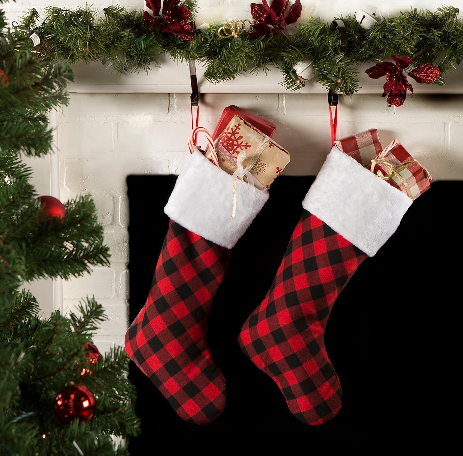 imageDII Decorative Christmas Family Stocking Set Holiday Dcor with Hanging Loop 20x7 Farmhouse Buffalo Check Red ampamp Black 2 PieceFarmhouse Buffalo Check  Red  Black