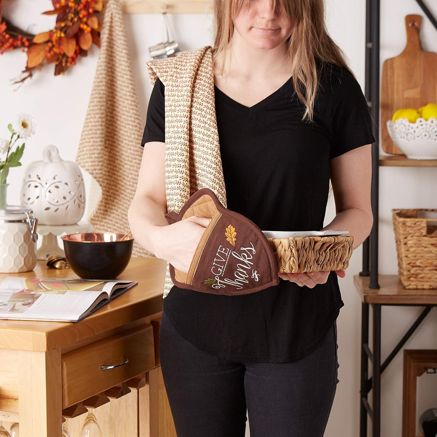 imageDII Fall Kitchen Dcor Collection Dish Towel ampamp Potholder Hostess Gift Set Pumpkin Lady 3 PieceGive Thanks