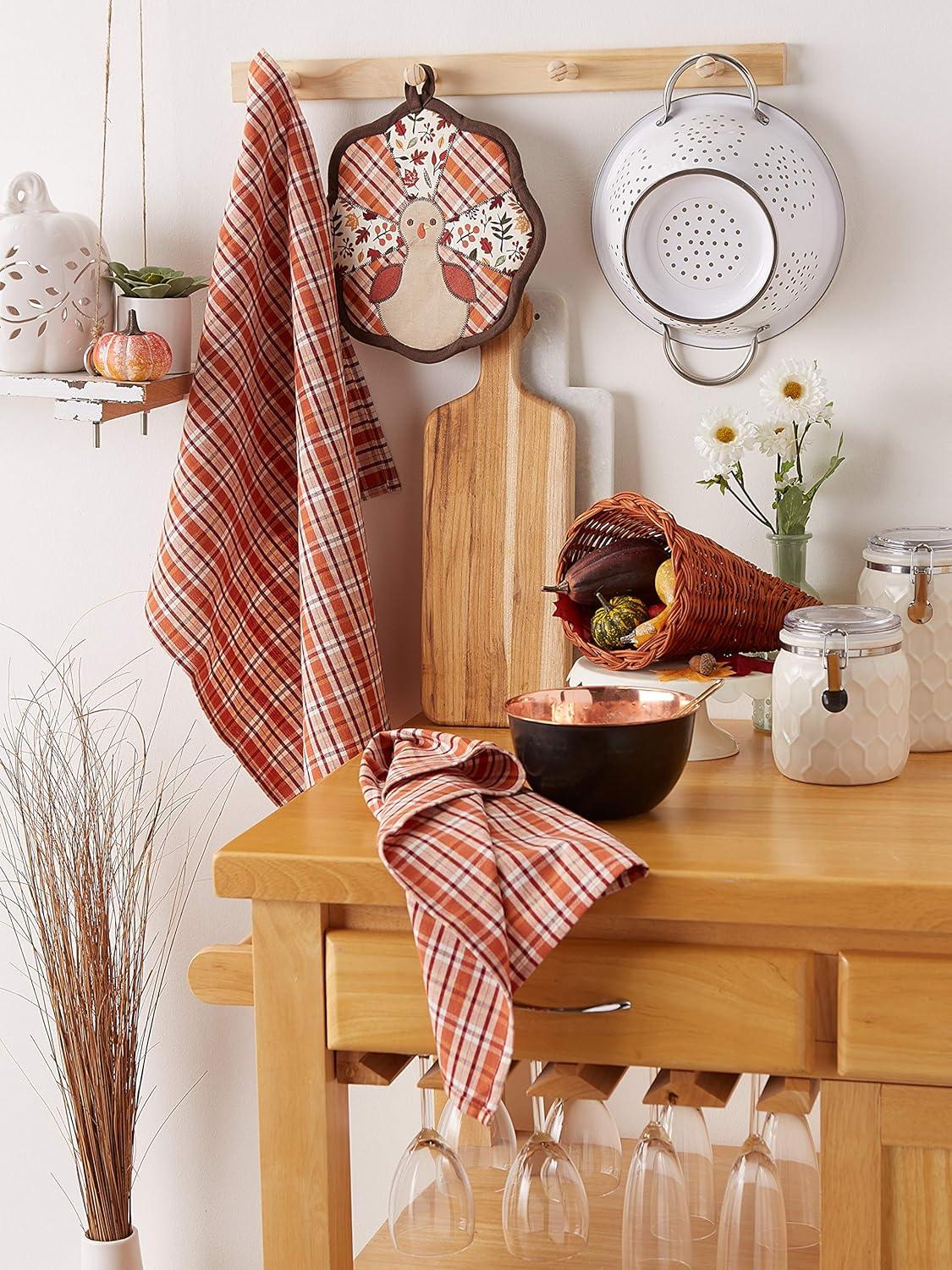 imageDII Fall Kitchen Dcor Collection Dish Towel ampamp Potholder Hostess Gift Set Pumpkin Lady 3 PieceGobble TurkeyPlaid