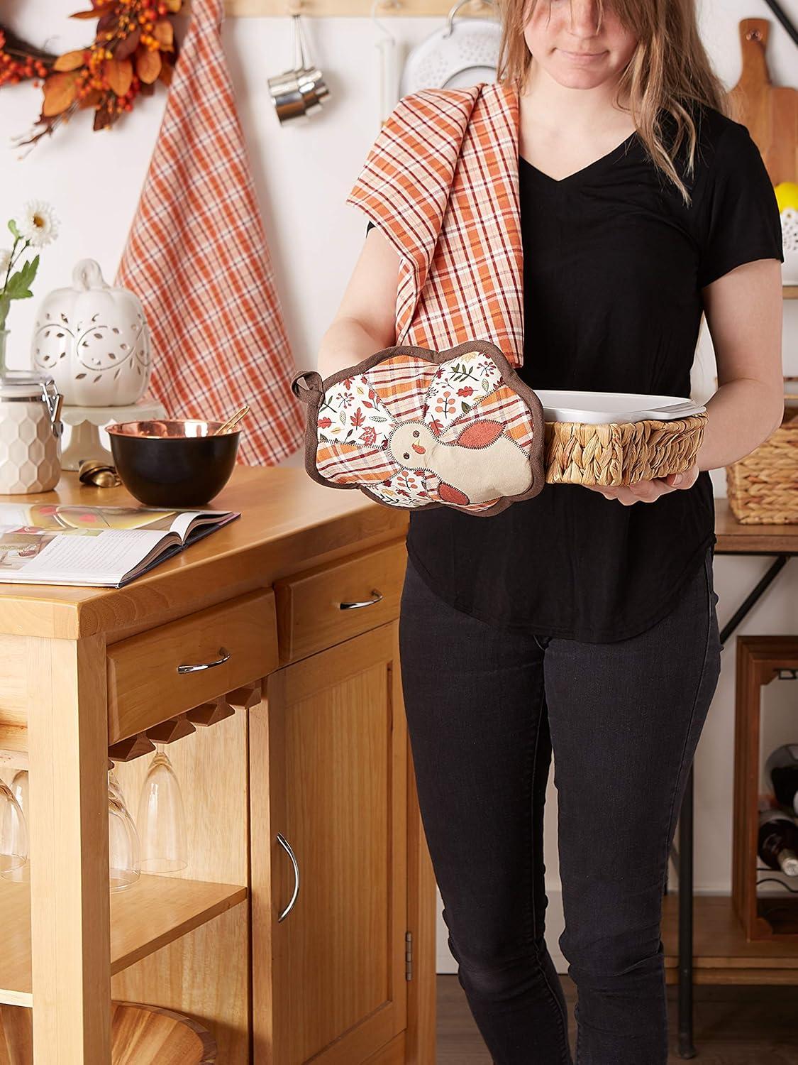 imageDII Fall Kitchen Dcor Collection Dish Towel ampamp Potholder Hostess Gift Set Pumpkin Lady 3 PieceGobble TurkeyPlaid