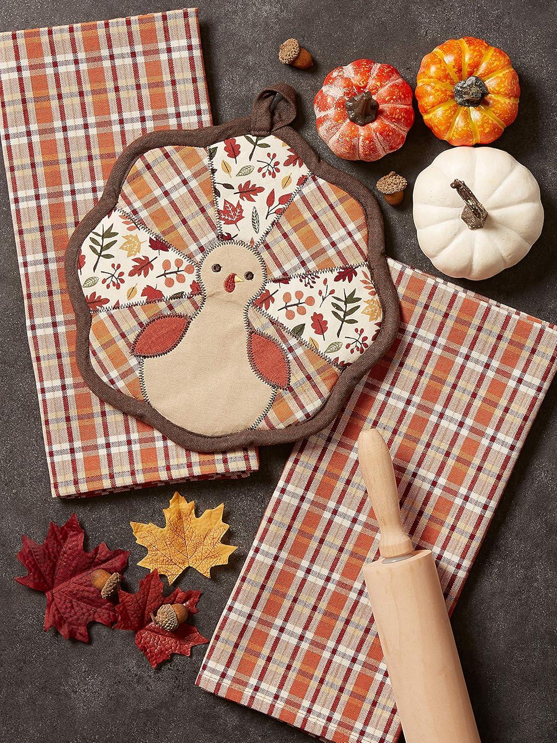 imageDII Fall Kitchen Dcor Collection Dish Towel ampamp Potholder Hostess Gift Set Pumpkin Lady 3 PieceGobble TurkeyPlaid