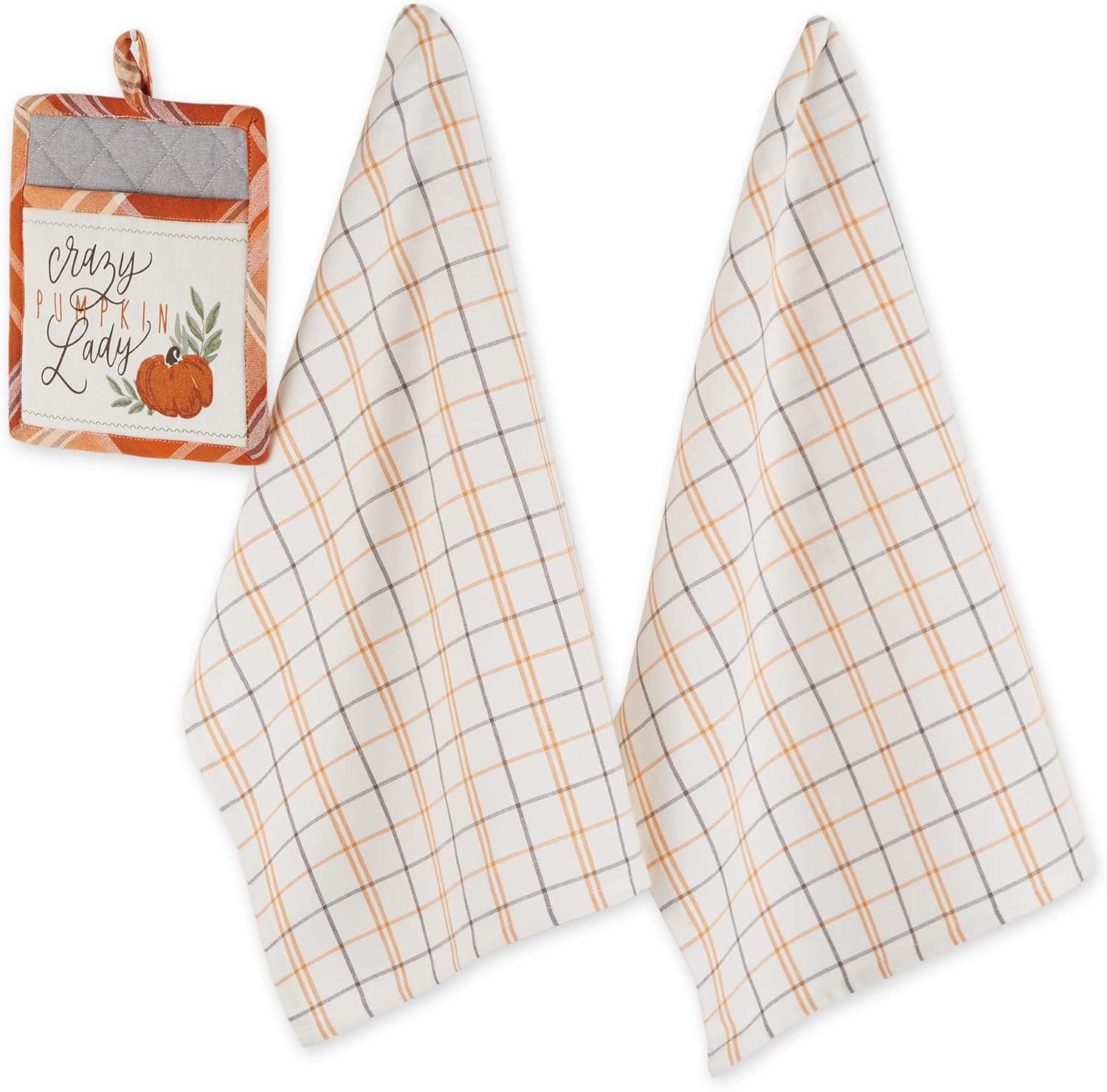 imageDII Fall Kitchen Dcor Collection Dish Towel ampamp Potholder Hostess Gift Set Pumpkin Lady 3 PiecePumpkin Lady