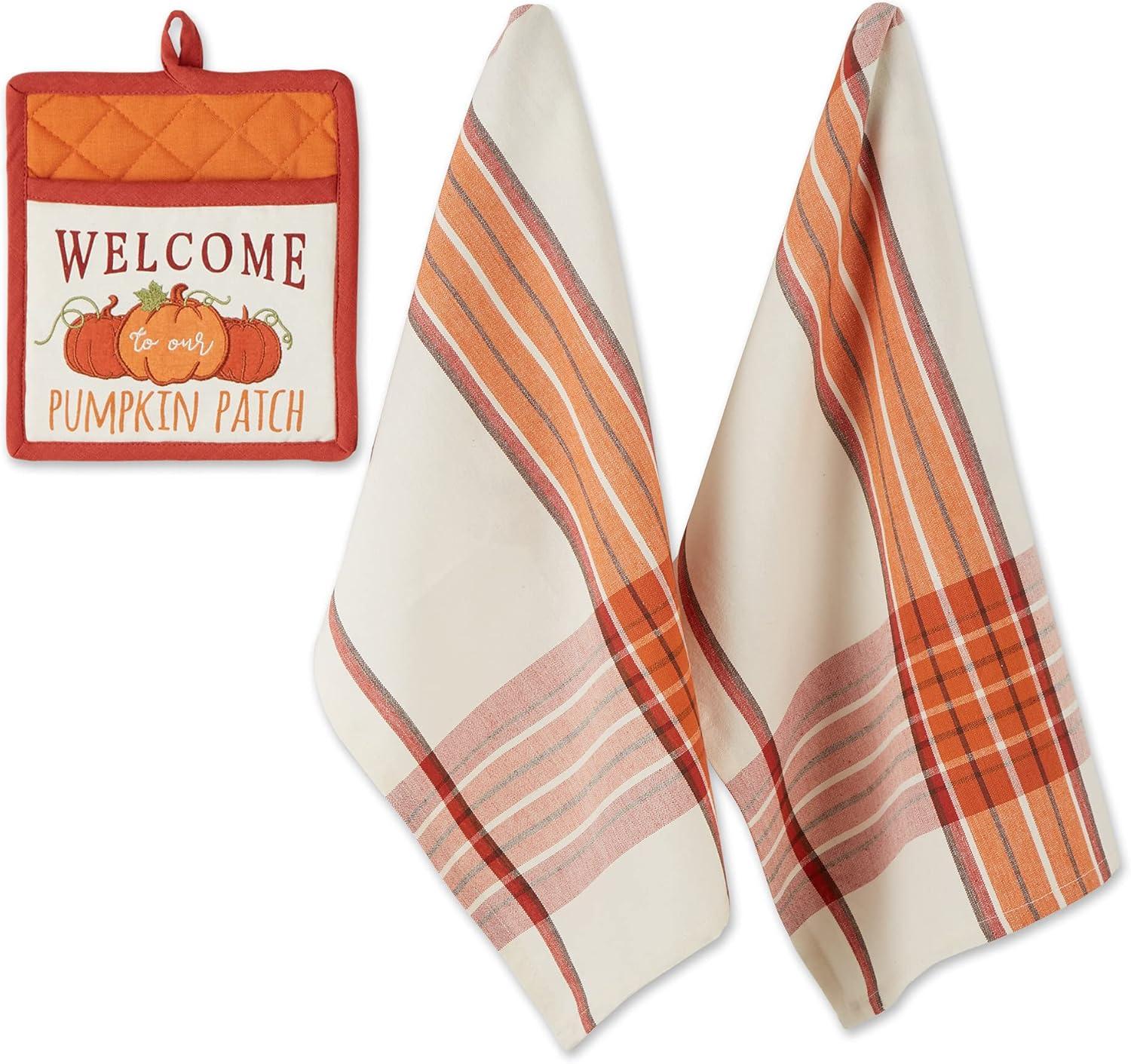 imageDII Fall Kitchen Dcor Collection Dish Towel ampamp Potholder Hostess Gift Set Pumpkin Lady 3 PiecePumpkin Patch