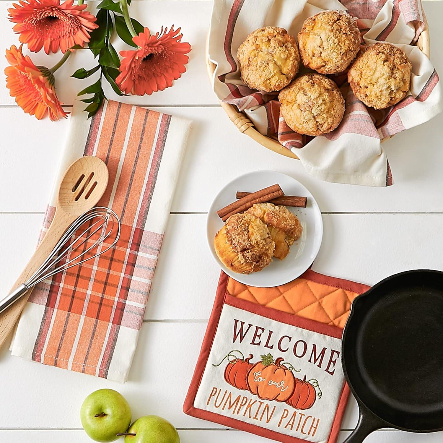 imageDII Fall Kitchen Dcor Collection Dish Towel ampamp Potholder Hostess Gift Set Pumpkin Lady 3 PiecePumpkin Patch