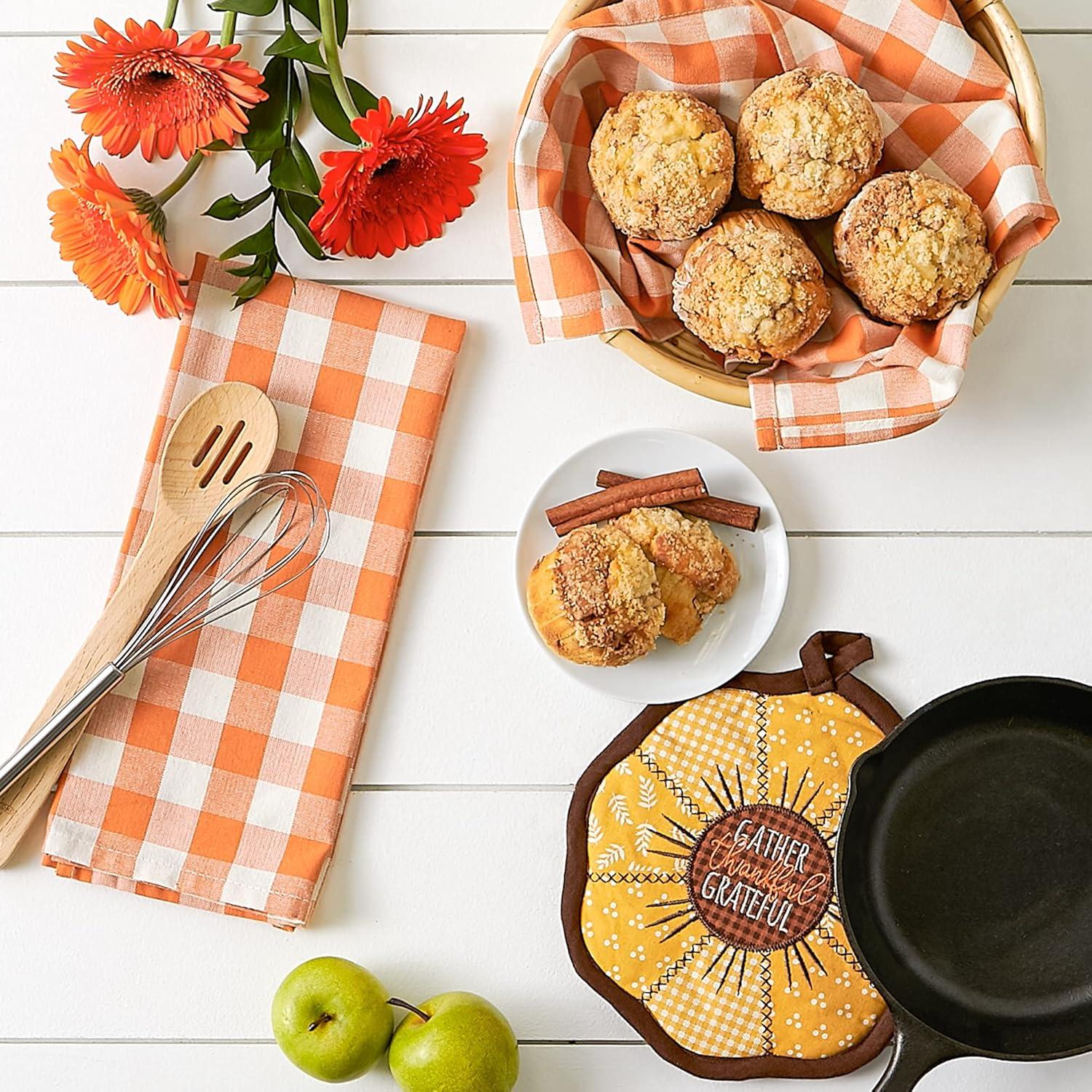 imageDII Fall Kitchen Dcor Collection Dish Towel ampamp Potholder Hostess Gift Set Pumpkin Lady 3 PieceSunflowersOrange Buffalo Check