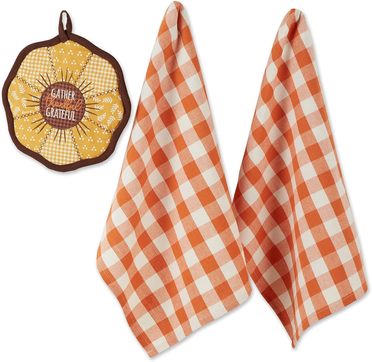 imageDII Fall Kitchen Dcor Collection Dish Towel ampamp Potholder Hostess Gift Set Pumpkin Lady 3 PieceSunflowersOrange Buffalo Check