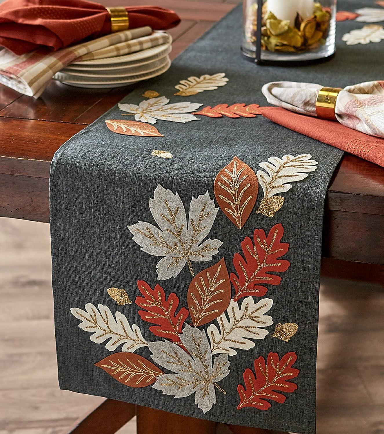 imageDII Fall Table Dcor Embroidered Tabletop for Thanksgiving Dining Table Runner 14x70 White PumpkinAutumn Leaves