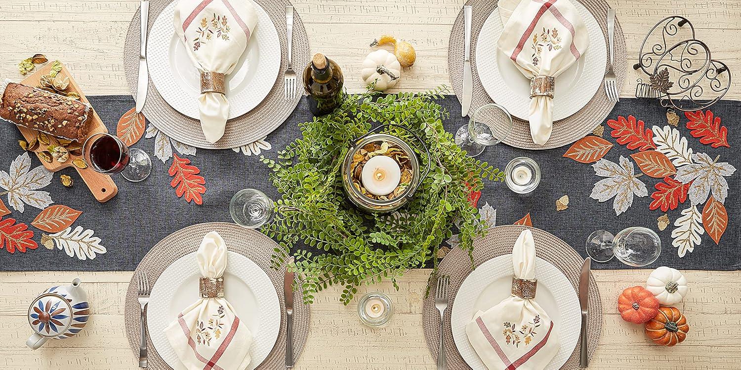 imageDII Fall Table Dcor Embroidered Tabletop for Thanksgiving Dining Table Runner 14x70 White PumpkinAutumn Leaves