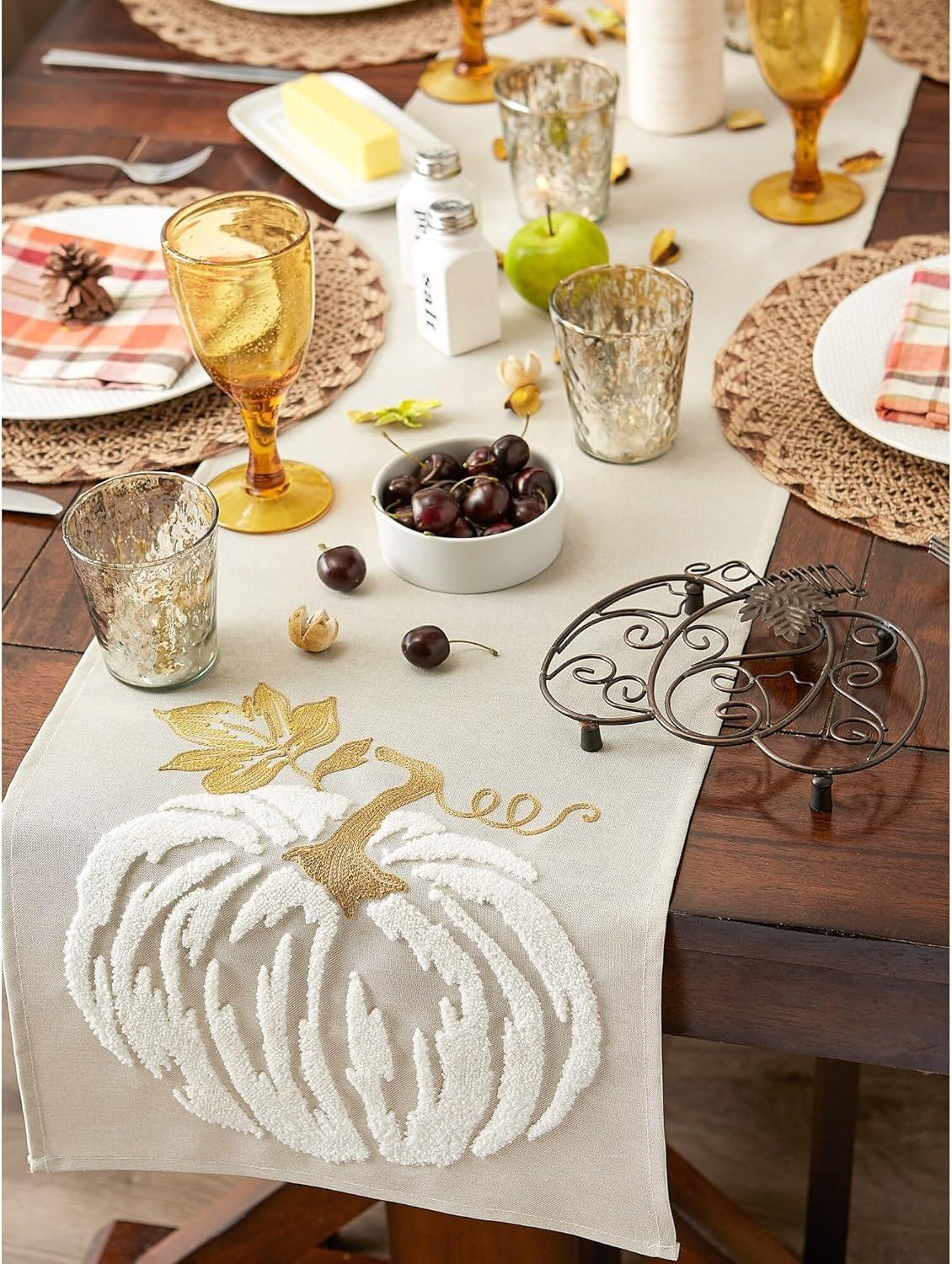 imageDII Fall Table Dcor Embroidered Tabletop for Thanksgiving Dining Table Runner 14x70 White PumpkinScattered Leaves