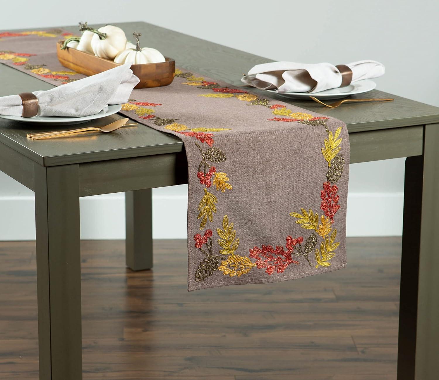 imageDII Fall Table Dcor Embroidered Tabletop for Thanksgiving Dining Table Runner 14x70 White PumpkinShimmering Leaves