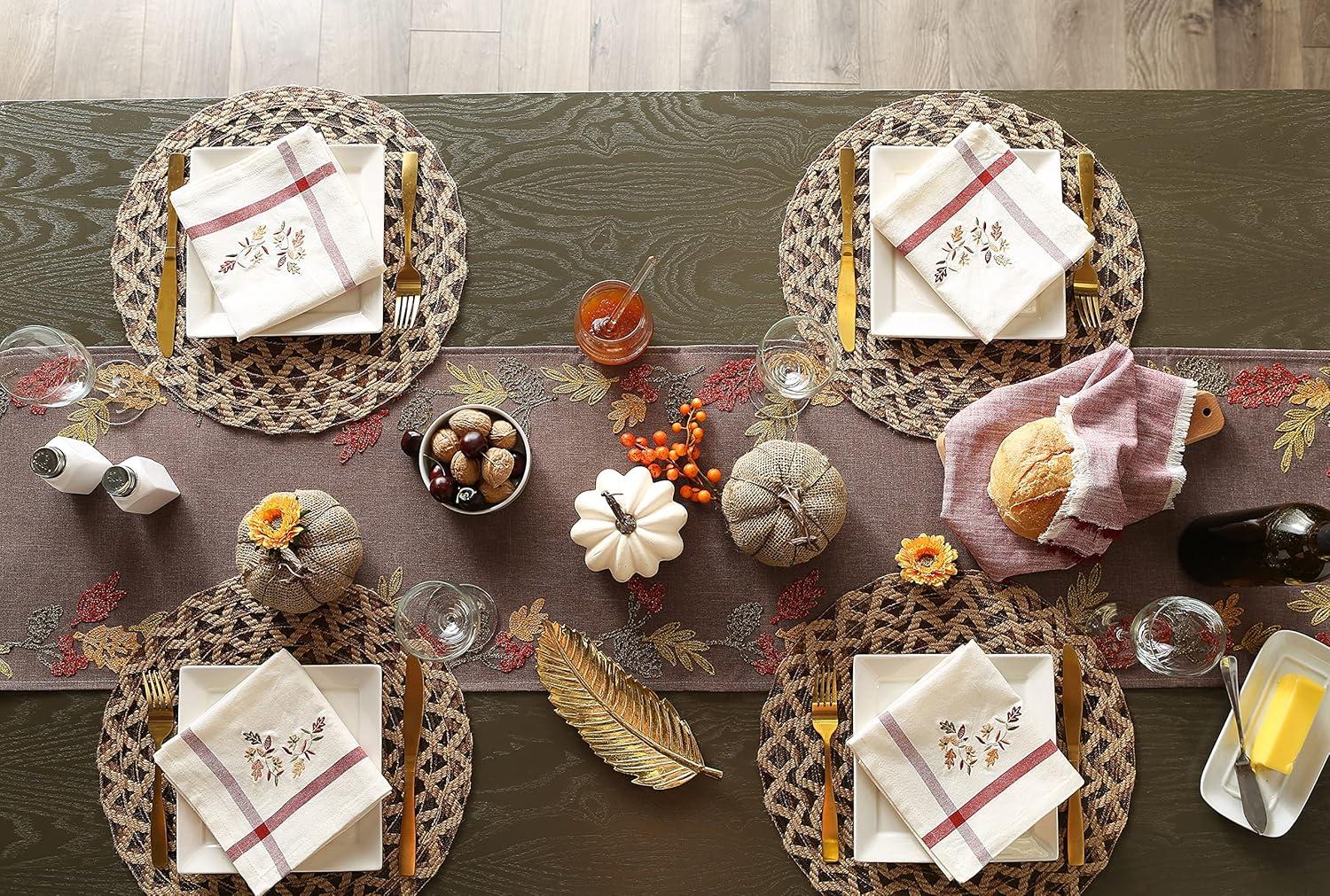imageDII Fall Table Dcor Embroidered Tabletop for Thanksgiving Dining Table Runner 14x70 White PumpkinShimmering Leaves