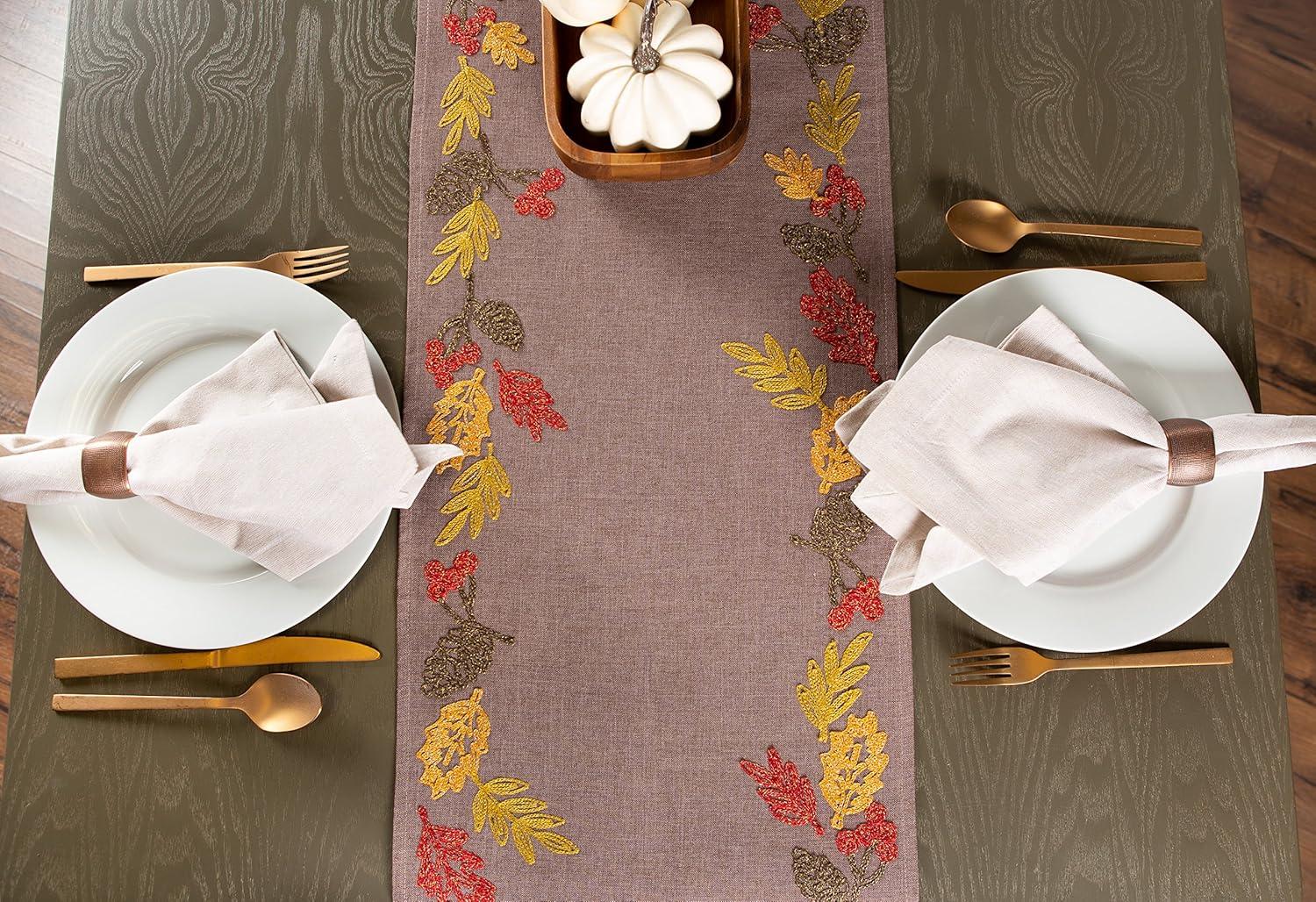 imageDII Fall Table Dcor Embroidered Tabletop for Thanksgiving Dining Table Runner 14x70 White PumpkinShimmering Leaves