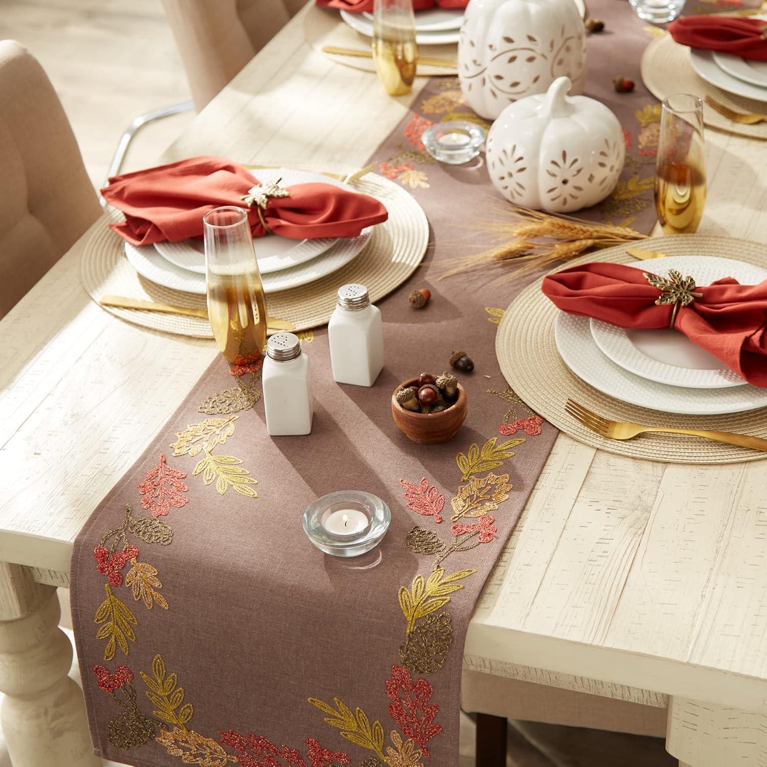 imageDII Fall Table Dcor Embroidered Tabletop for Thanksgiving Dining Table Runner 14x70 White PumpkinShimmering Leaves
