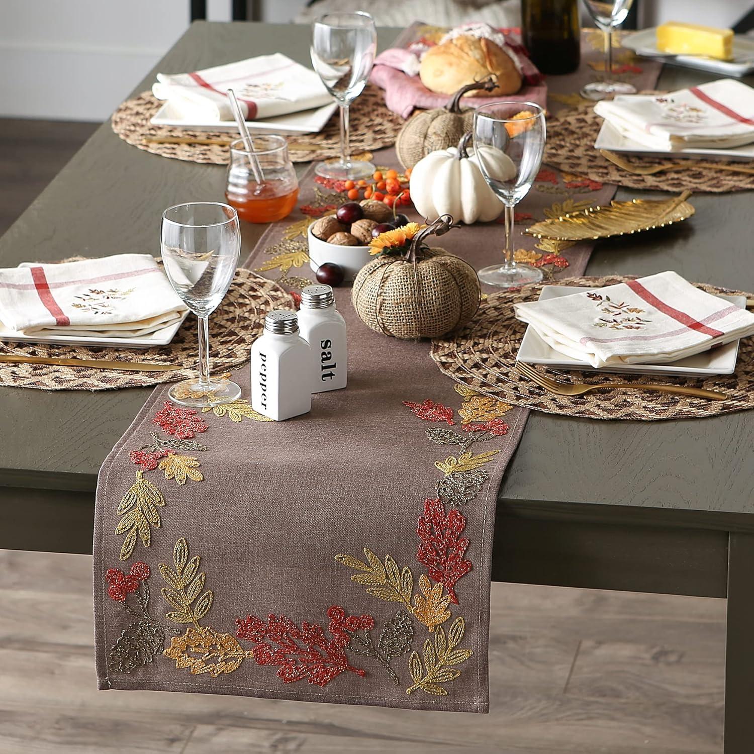 imageDII Fall Table Dcor Embroidered Tabletop for Thanksgiving Dining Table Runner 14x70 White PumpkinShimmering Leaves