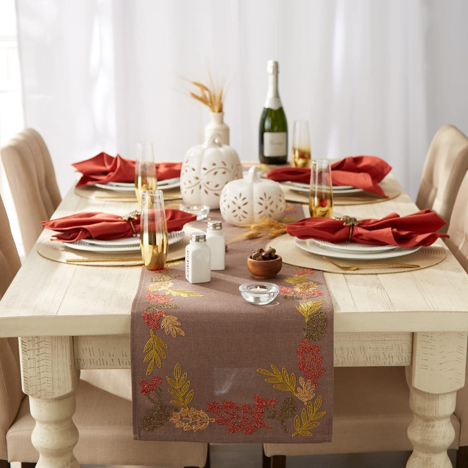 imageDII Fall Table Dcor Embroidered Tabletop for Thanksgiving Dining Table Runner 14x70 White PumpkinShimmering Leaves