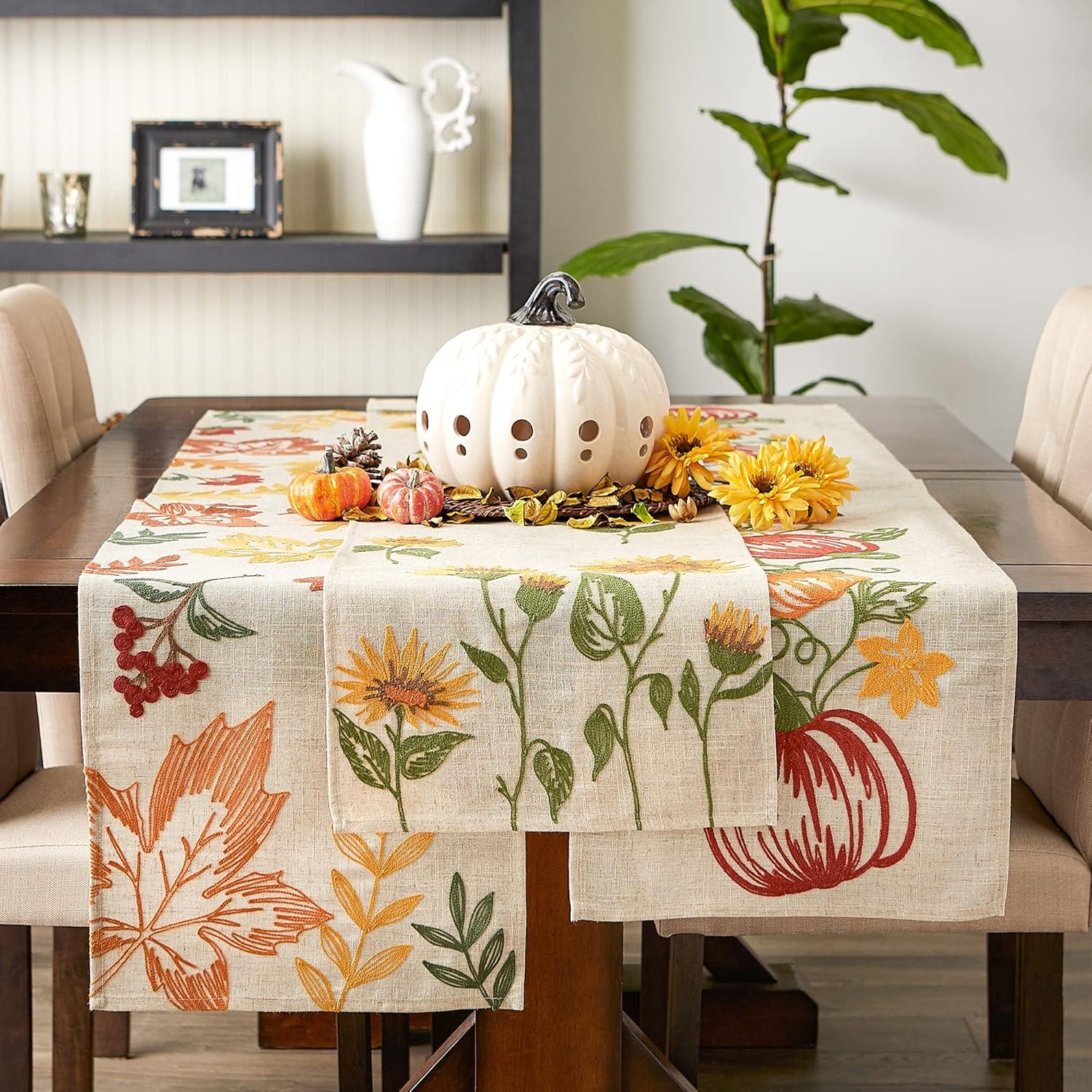 imageDII Fall Table Dcor Embroidered Tabletop for Thanksgiving Dining Table Runner 14x70 White PumpkinSunflowers