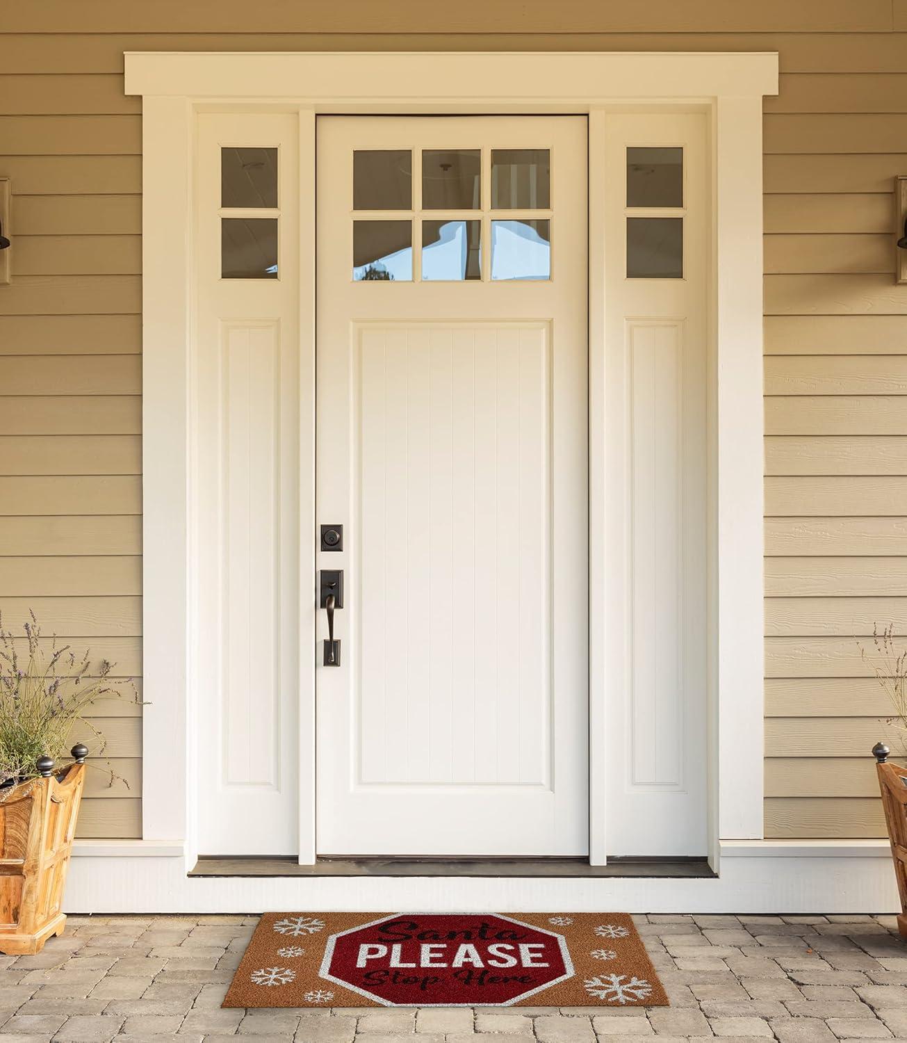 imageDII Outdoor Christmas Door Mat Collection Natural Coir Doormat ampamp Front Porch Dcor 17x29 Santa Belly GoldSanta Please Stop