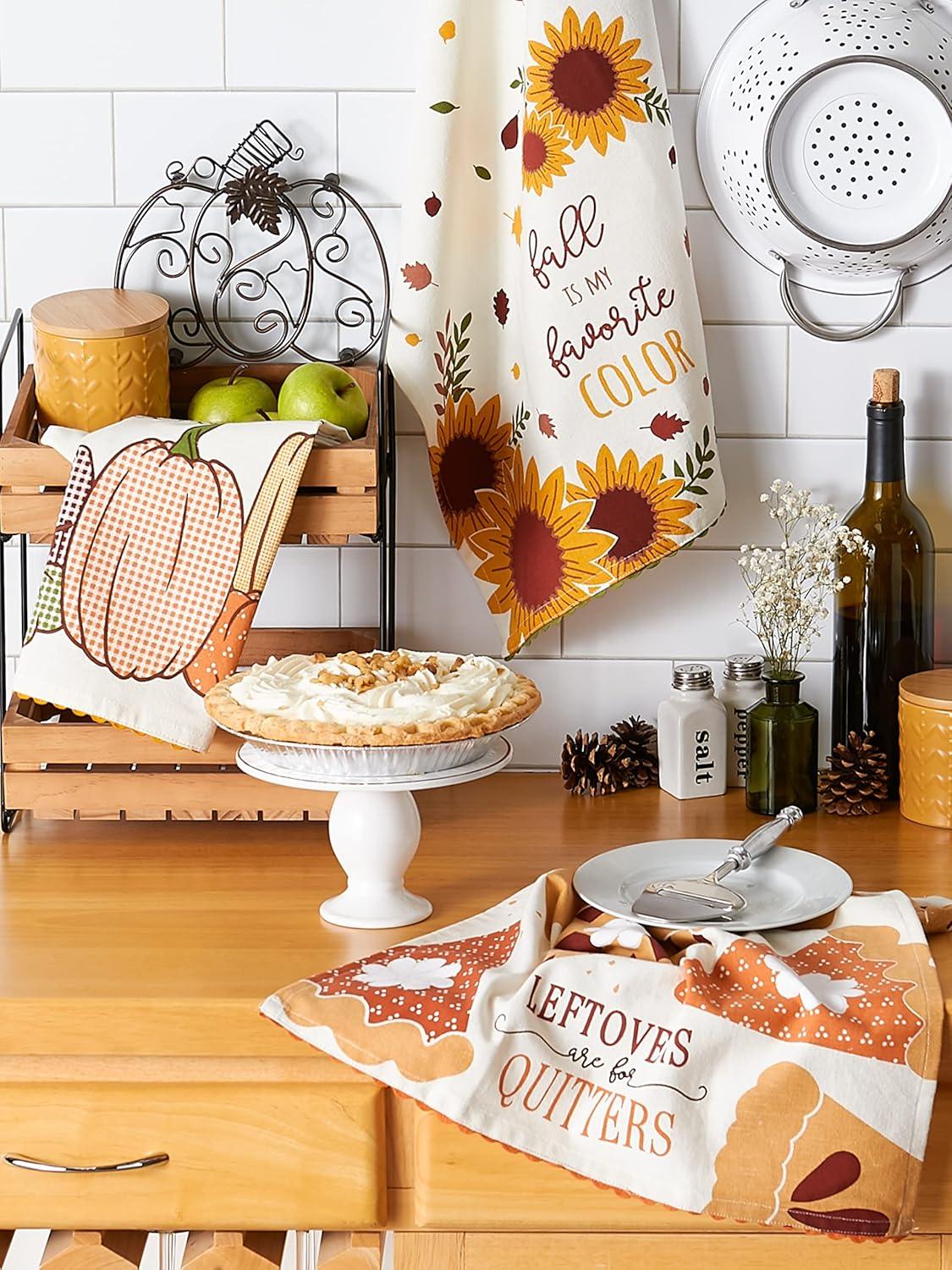 imageDII Thanksgiving Fall Kitchen Towels Collection Decorative Embellished Dish Towel Set 18x28 Falling Leaves 2 CountSunflowers  Pumpkins  Pie