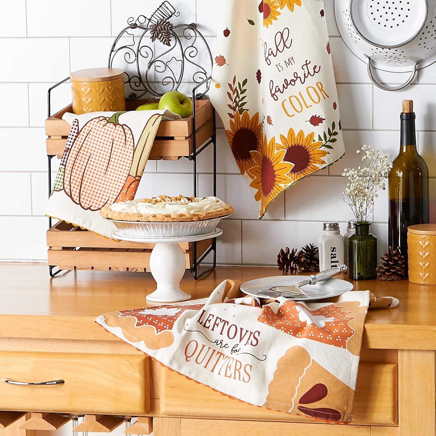imageDII Thanksgiving Fall Kitchen Towels Collection Decorative Embellished Dish Towel Set 18x28 Falling Leaves 2 CountSunflowers  Pumpkins  Pie