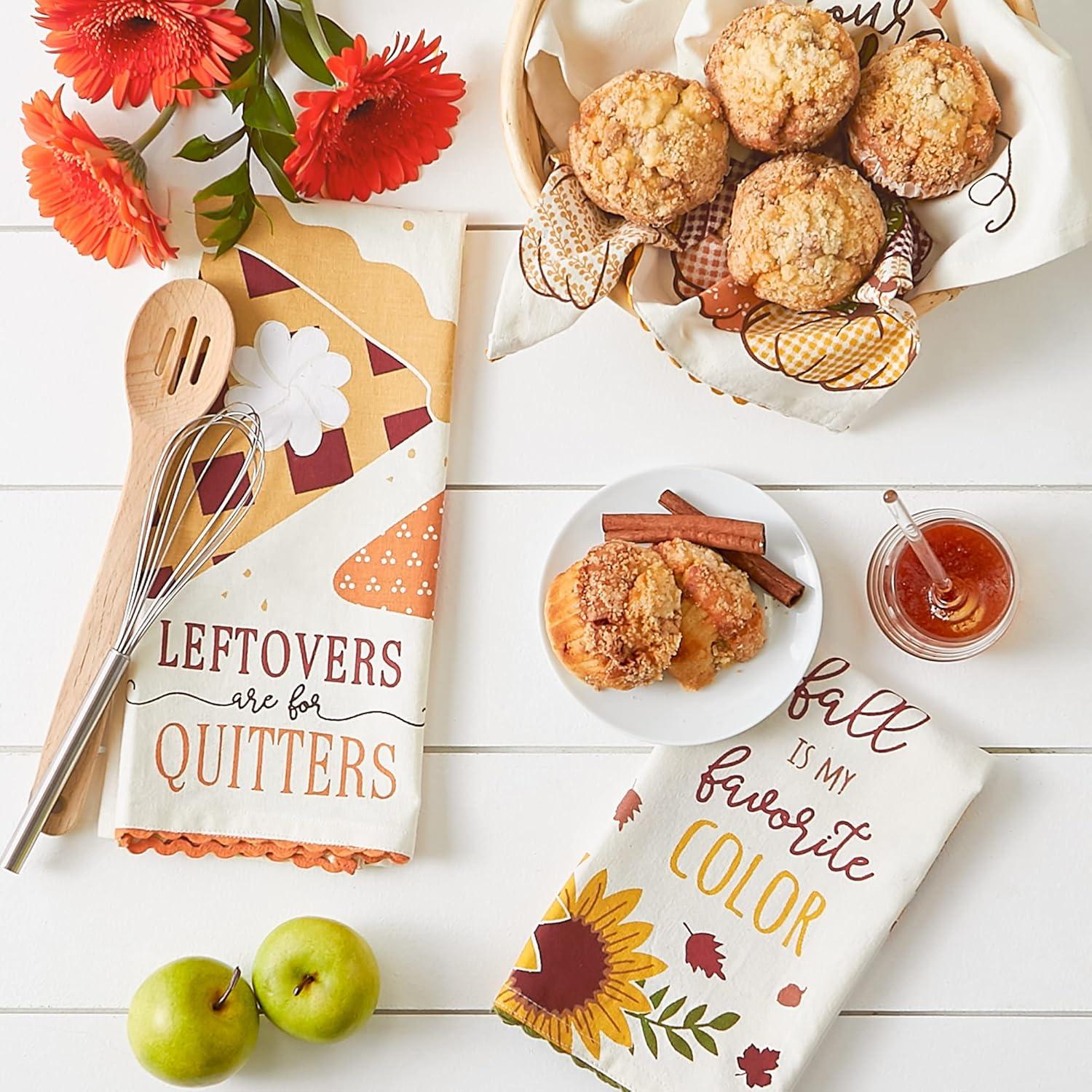 imageDII Thanksgiving Fall Kitchen Towels Collection Decorative Embellished Dish Towel Set 18x28 Falling Leaves 2 CountSunflowers  Pumpkins  Pie