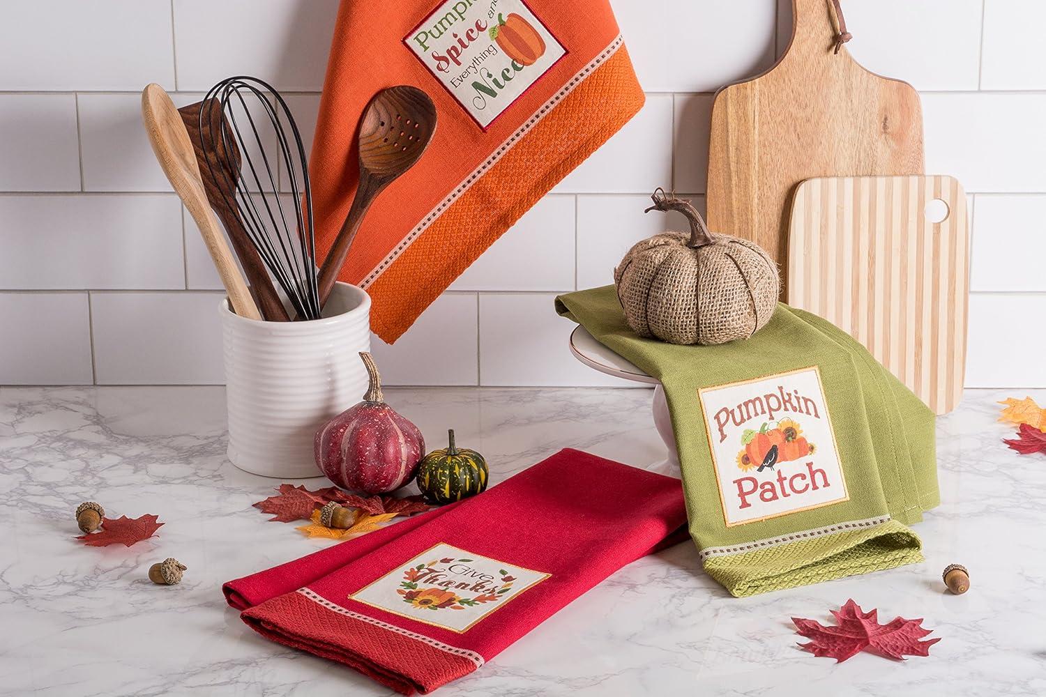 imageDII Thanksgiving Fall Kitchen Towels Collection Decorative Embellished Dish Towel Set 18x28 Wishes 2 CountCountry Pumpkin