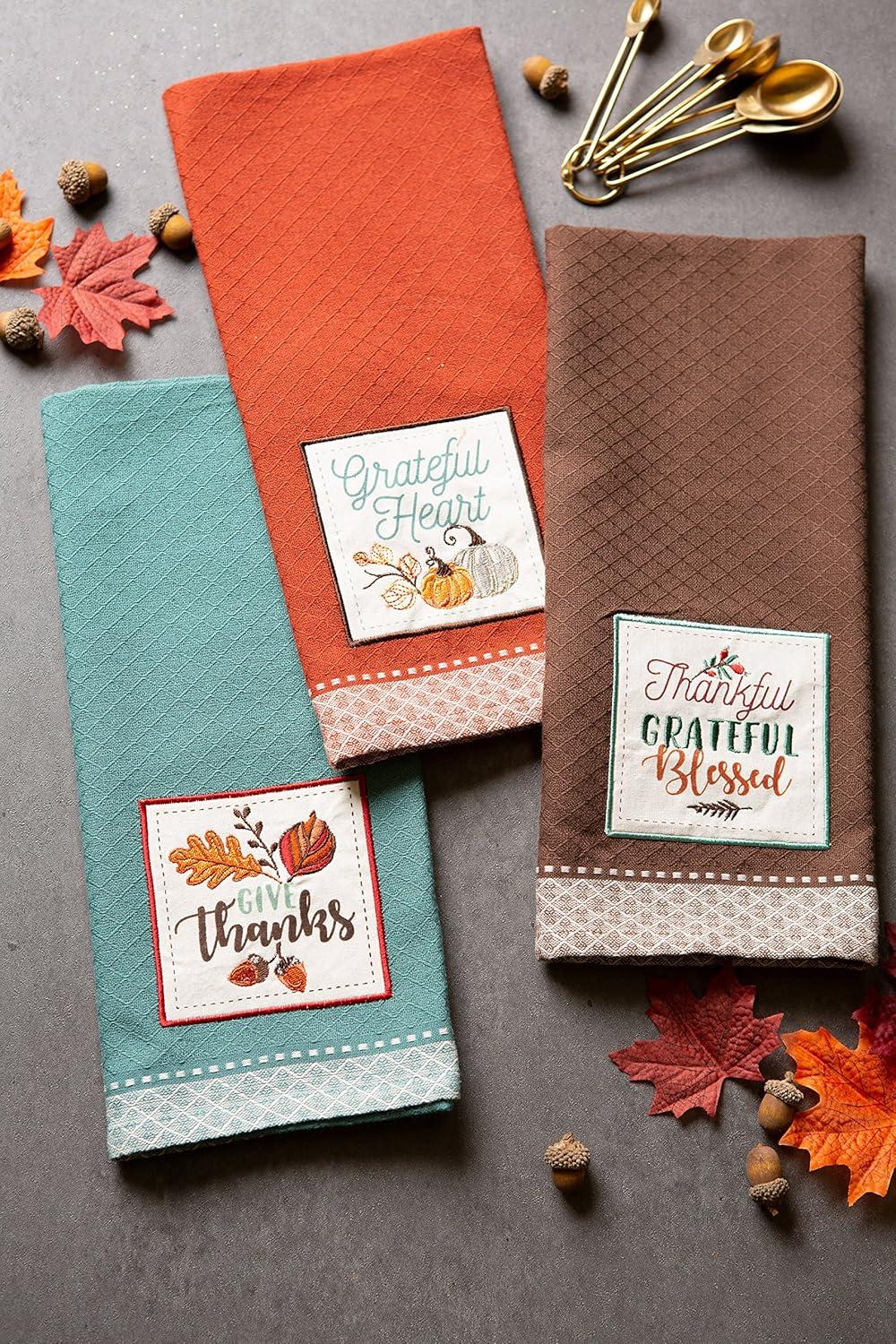 imageDII Thanksgiving Fall Kitchen Towels Collection Decorative Embellished Dish Towel Set 18x28 Wishes 2 CountGrateful